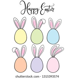 Vector EPS10 hand written lettering illustration for happy easter banner, poster, sale invitation template with colorful eggs and bunny rabbits ears in cartoon flat style