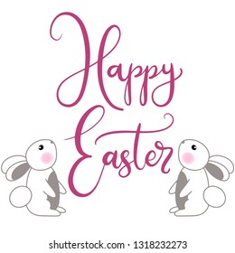 Vector EPS10 hand written lettering illustration for happy easter banner, poster, sale invitation template with cute white bunny rabbits in cartoon flat style