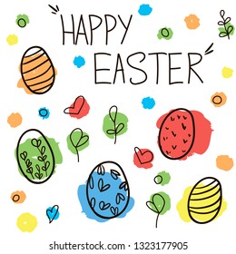 Vector EPS10 happy easter eggs, twigs, spots hand drawing with written lettering