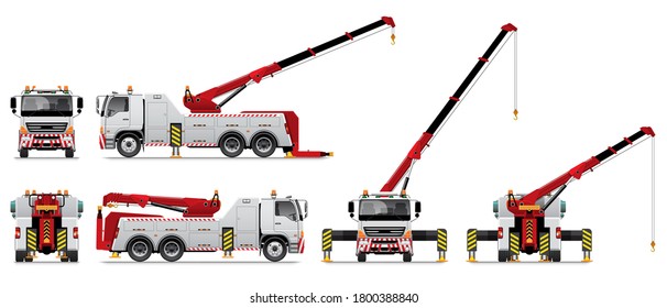 VECTOR EPS10 - Heavy Duty Tow Truck With Crane Working, Isolated On White Background.