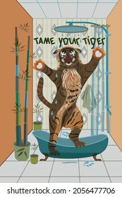 Vector EPS10 horizontal seamless border illustration for Black Water Tiger 2022 year. The tiger in a bathroom under the shower drops asks to give him a hug. Only 9 colors, overlapping, transparency