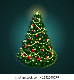 Vector eps10 illustration of a beautiful christmas tree decorated with x-mas balls and shining garlands. Image contains transparent lighting effects.