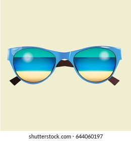 Vector eps10 illustration of blue summer sunglasses with beach reflection