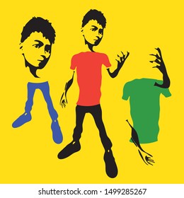 Vector (EPS10) illustration of boy standing and explaining something. Layers with separated parts of body.