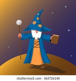 Vector EPS10 illustration cartoon old powerful wizard with magic book and staff preparing to cast a spell on abstract little planet surface against space with stars