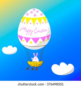 Vector EPS10 illustration cartoon rabbit pilot flies by hot air balloon painted like Easter egg with written slogan Happy Easter