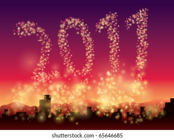Vector EPS10 illustration of a glittery sky above the city, celebrating the new year of 2011. Great for backgrounds, backdrops, cards and posters.
