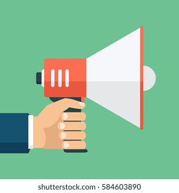 Vector, eps10, illustration. Hand holding a megaphone, flat design, promotion, social media marketing concept. Isolated on a background.