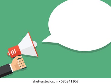 Vector, eps10, illustration. Hand holding a megaphone, flat design, promotion, social media marketing concept. Isolated on a background.