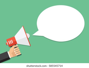 Vector, eps10, illustration. Hand holding a megaphone, flat design, promotion, social media marketing concept. Isolated on a background.