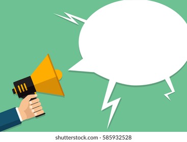 Vector, eps10, illustration. Hand holding a megaphone, flat design, promotion, social media marketing concept. Isolated on a background.