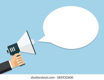 Vector, eps10, illustration. Hand holding a megaphone, flat design, promotion, social media marketing concept. Isolated on a background.