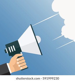 Vector, eps10, illustration. Hand holding a megaphone, flat design, promotion, social media marketing concept. Isolated on a background. 