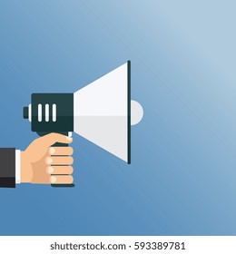 Vector, eps10, illustration. Hand holding a megaphone, flat design, promotion, social media marketing concept. Isolated on a background. 