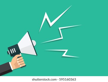 Vector, eps10, illustration. Hand holding a megaphone, flat design, promotion, social media marketing concept. Isolated on a background. 