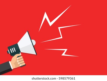 Vector, eps10, illustration. Hand holding a megaphone, flat design, promotion, social media marketing concept. Isolated on a background. 