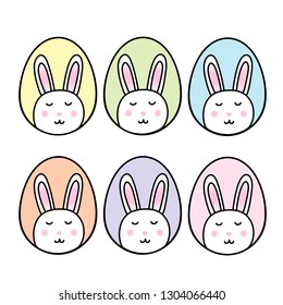 Vector EPS10 illustration for happy easter banner, poster, sale invitation template with colorful eggs and bunny rabbits in cartoon flat style on white background in pastel colors