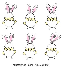 Vector EPS10  illustration for happy easter banner, poster, sale invitation template with chicken in eggs and bunny rabbits ears in cartoon flat style on white background.