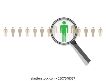 VECTOR EPS10 - magnifying glass zoom a green stick human, isolated on white background.