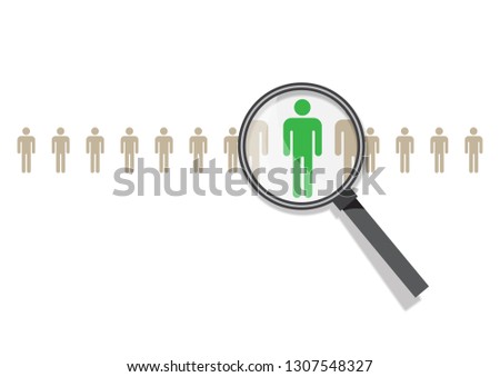 VECTOR EPS10 - magnifying glass zoom a green stick human, isolated on white background.