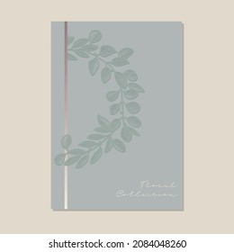 Vector EPS10. Minimalistic simple card with floral print. A collection of images in gentle pastels. shades. Geometric golden elements. Frame for cover, printed matter, poster or background.

