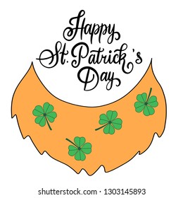 Vector eps10 modern calligraphy handwritten lettering of Happy St. Patrick's Day on white background for greeting card, poster, invitation to irish party and design element, clover for luck, red beard