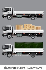 VECTOR EPS10 - open cargo truck with boxes and canvas wrap, isolated on grey background.