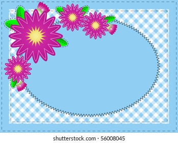 Vector eps10, Oval blue copy space with pink zinnia or mums, edged with gingham and accent quilt stitching.