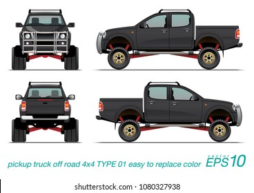 VECTOR EPS10 - pickup truck off road 4x4 template, isolated car on white background,
easy to edit color on layer "body color", all elements in the groups on separate layers.