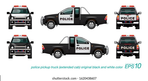 VECTOR EPS10 - pickup truck police car black and white color with red siren, template isolated on white background.