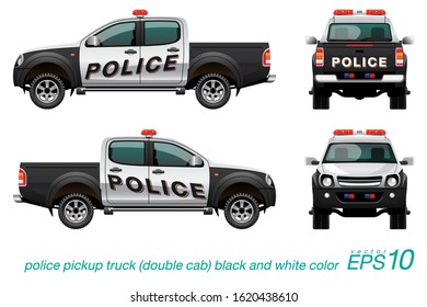 VECTOR EPS10 - pickup truck police car black and white color with red siren, template isolated on white background.