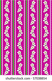 Vector eps10.  Pink wallpaper background with white daisies accented by green stripes, white rick rac and quilting stitches.