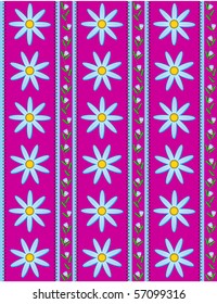 Vector eps10.  Pink wallpaper background with blue cornflowers accented by blue stripes and quilting stitches.