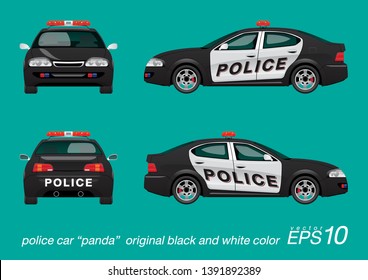 VECTOR EPS10 - police car black and white color with red siren, template isolated on green background.