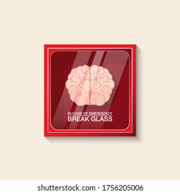 VECTOR EPS10 - red emergency box and brain inside with text
in case of emergency break glass on front,
When you encounter problems use wisdom concept, isolated on cream background.