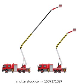 VECTOR EPS10 - red firetruck with bucket crane in action, isolated on white background.