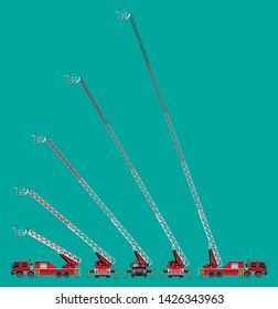 VECTOR EPS10 - red firetruck with ladder in 5 action of extended, isolated on green background.