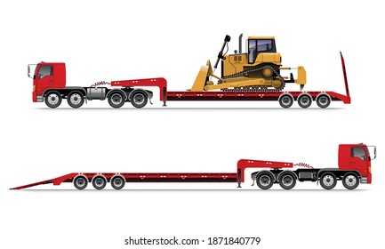 VECTOR EPS10 - red lowboy trailer truck with bulldozer isolate on white background.