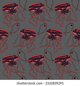Vector EPS10 seamless pattern Belt and Chain Jelly Fish.  Deep sea predatory creature, the fossil species. A tatoo in a cybergoth or cyberpunk style. Red, black and gray colors. 