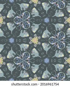 Vector EPS10 seamless pattern with Kittens Trying to Find Fish in a Garden Fountain. Only 8 elegant colours. Symmetrical cute ornament resembling flowerbeds, for any purpose. Kittens are never enough