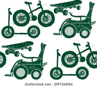 Vector EPS10 seamless pattern Summer Wheels Adventure. Imitation of the grunge block printing. A bike, a scooter, a skateboard, a wheelchair. Teamwork and inclusivity in the active everyday life.