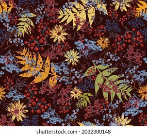 Vector EPS10 seamless pattern - two varieties of Mountain Ash fruits, deep red and mild black in bunches, blue foggy berries, dense and bright realistic drawing. Rowan tree leaves, autumn warm colors