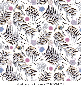 Vector EPS10 seamless pattern - White Tiger, abstract background. Blue eyes, pink nose, spot shapes on the tiger's back like the branches with leaves.