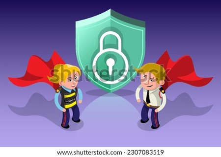 VECTOR EPS10 - security guard  with superhero red cape protect data and password. cyber security and data protection concept.