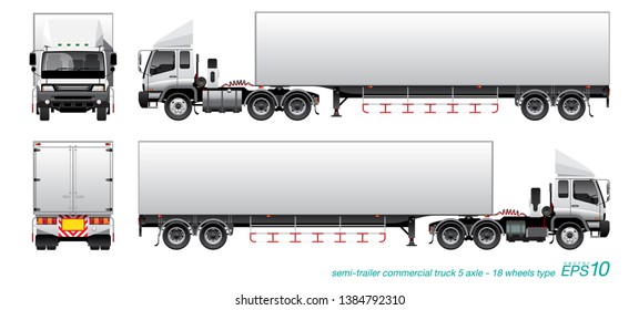 VECTOR EPS10 - semitrailer commercial cargo truck template white head and white box, 5axle 18wheels type,
isolate on white background.