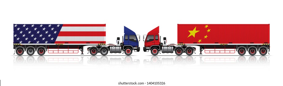 VECTOR EPS10 - semi-trailer container truck red head and blue head, 6axle 22wheels type,
load container US flag and China flag pattern, trade war concept. face to face,
isolate on white background.