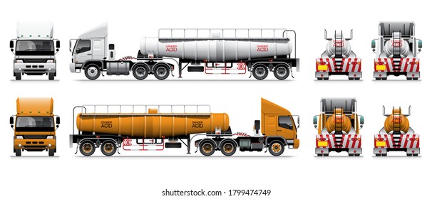 VECTOR EPS10 - semi-trailer tanker truck template with text " danger acid " on tank, white and orange color type,
isolate on white background.