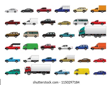 VECTOR EPS10 - set of car in different type and color, pickup, van, truck, side view isolated on white background.