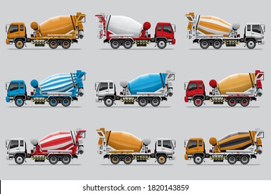 VECTOR EPS10 - set of concrete mixer truck, isolated on grey background.