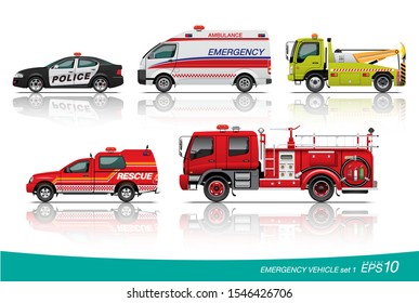 VECTOR EPS10 - Set Of Emergency Vehicle, Police Car, Ambulance, Tow Truck, Rescue Pickup, Firetruck, Isolated On White Background.